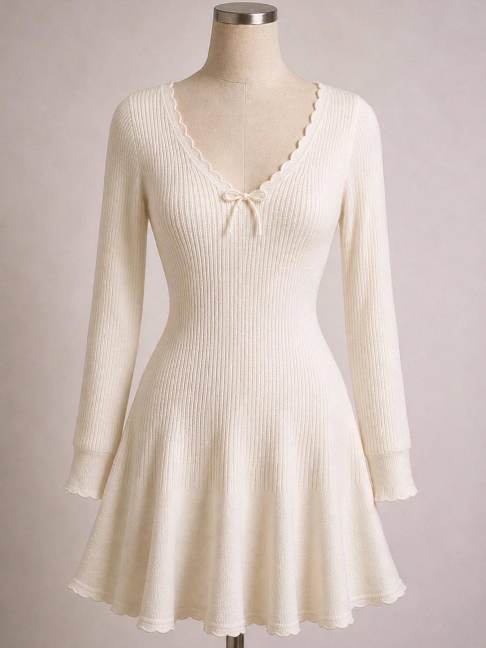 Wild Fable Cream Ribbed Knit Dress Medium NWT Fit & Flare Long Sleeve Mini - Picture 1 of 4
